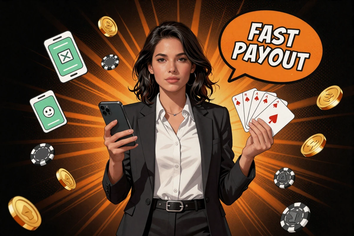Comic-Modell Marina mit Smartphone und Kartenfaecher sowie schwebenden Zahlungs-Icons im Pop-Art-Stil bei Vox Casino Zahlungen