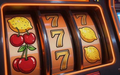 Gl&uuml;hende Slot-Maschinen-Walzen mit orangen und goldenen Symbolen im Comic-Stil bei Vox Casino