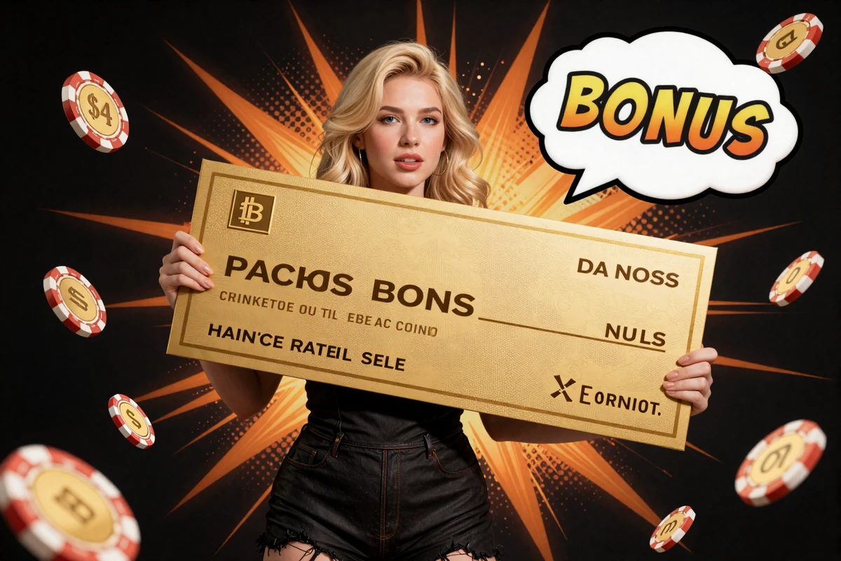 Comic-Stil blonde Frau mit uebergrossem goldenen Bonus-Scheck und schwebenden Freispiel-Muenzen bei Vox Casino