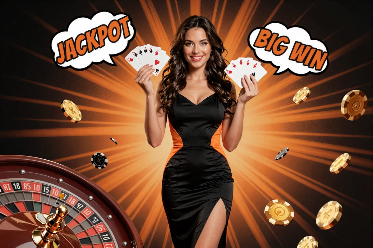 Vox Casino Comic-Modell Sofia mit Kartenfaecher und Casino-Elementen im Pop-Art-Stil mit JACKPOT und BIG WIN Sprechblasen
