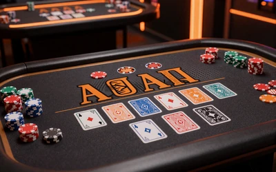 Baccarat-Tisch mit Karten und Chips in eleganter dunkler Umgebung im Comic-Stil bei Vox Casino