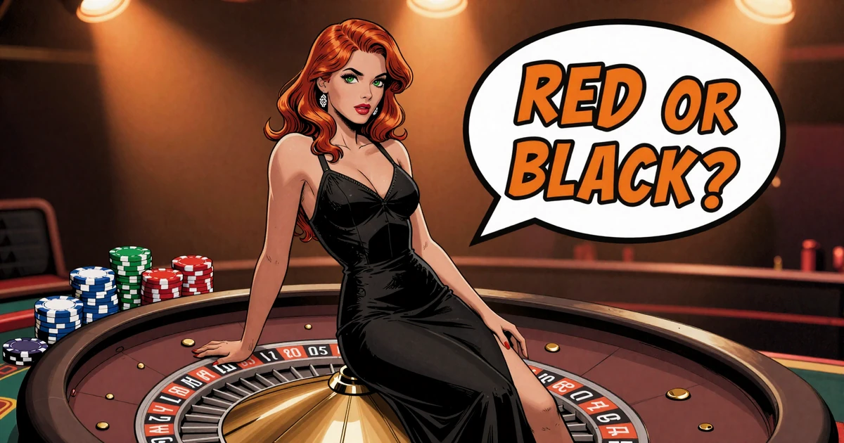 Comic-Stil Modell Clara mit rotem Haar lehnt an grossem Roulette-Rad mit Casino-Chips und RED OR BLACK Sprechblase bei Vox Casino