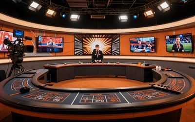 Professionelles Live-Casino-Studio mit Dealer-Tisch und Kameras im Comic-Stil bei Vox Casino