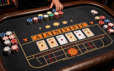 Live Baccarat-Tisch mit aufgedeckten Karten und Chips im Comic-Stil bei Vox Casino