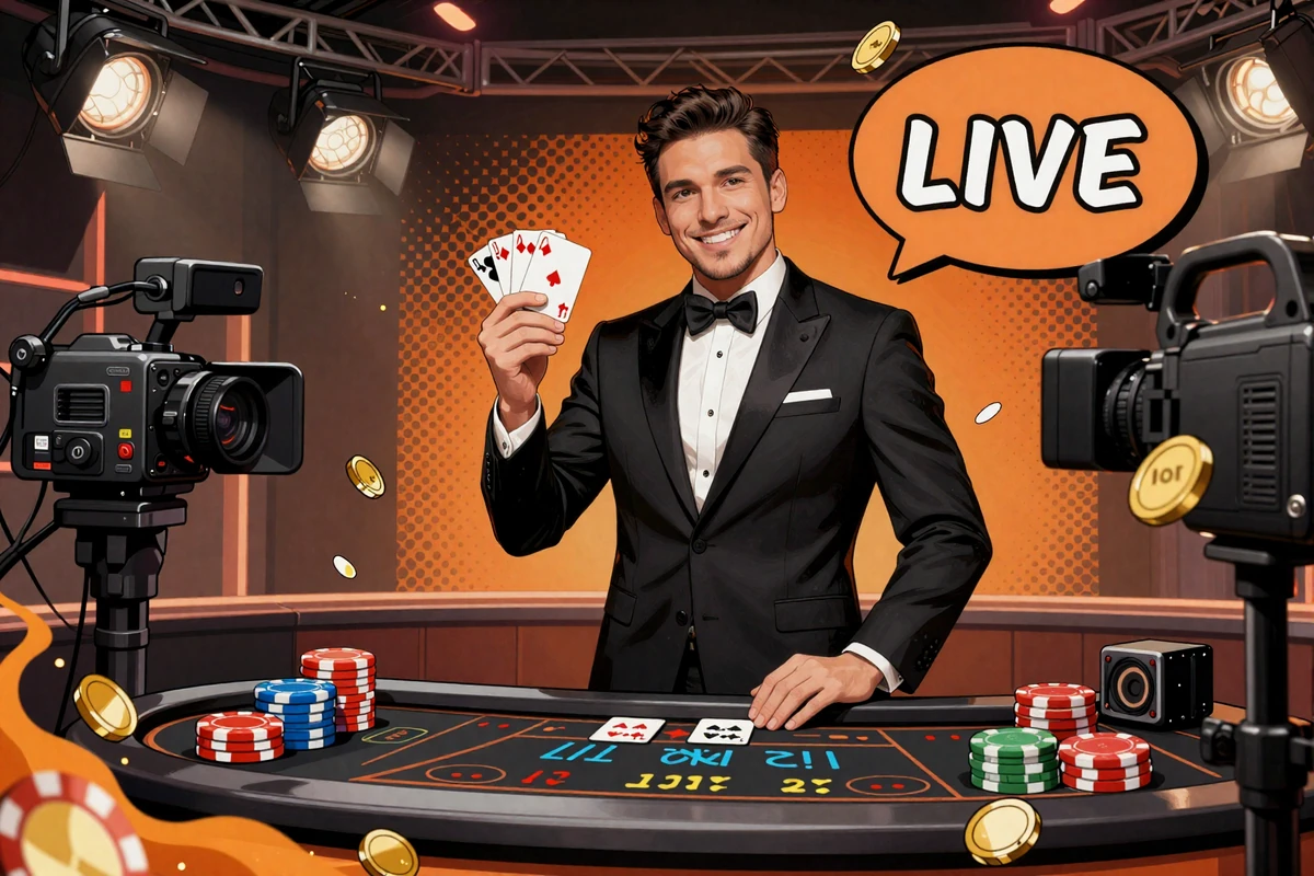 Vox Casino Live-Dealer im Comic-Stil mit Karten in einem Live-Studio mit Kameras und orangenem Licht