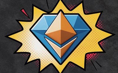 Ethereum-Diamant-Logo im Comic-Stil mit blauen und orangen Akzenten auf dunklem Hintergrund bei Vox Casino