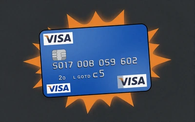 Visa-Kreditkarte im Comic-Stil mit blauem Design auf dunklem Hintergrund bei Vox Casino